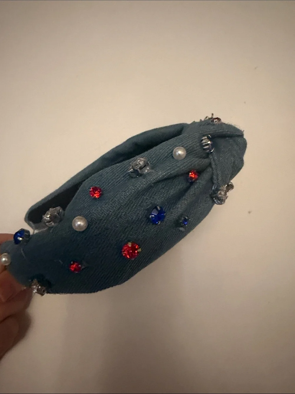 Packed Party Teal Knotted Headband with Red, Blue, Pearl & Silver Accents